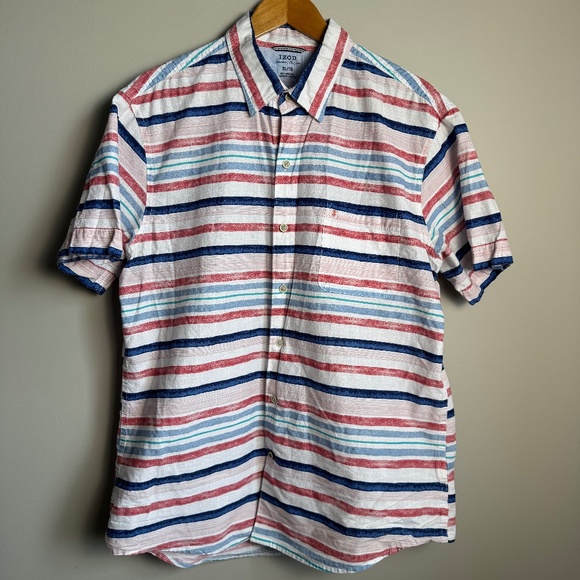 Izod Saltwater Men's Short Sleeve Striped Button Up Shirt Red White Blue Size XL - Picture 1 of 12